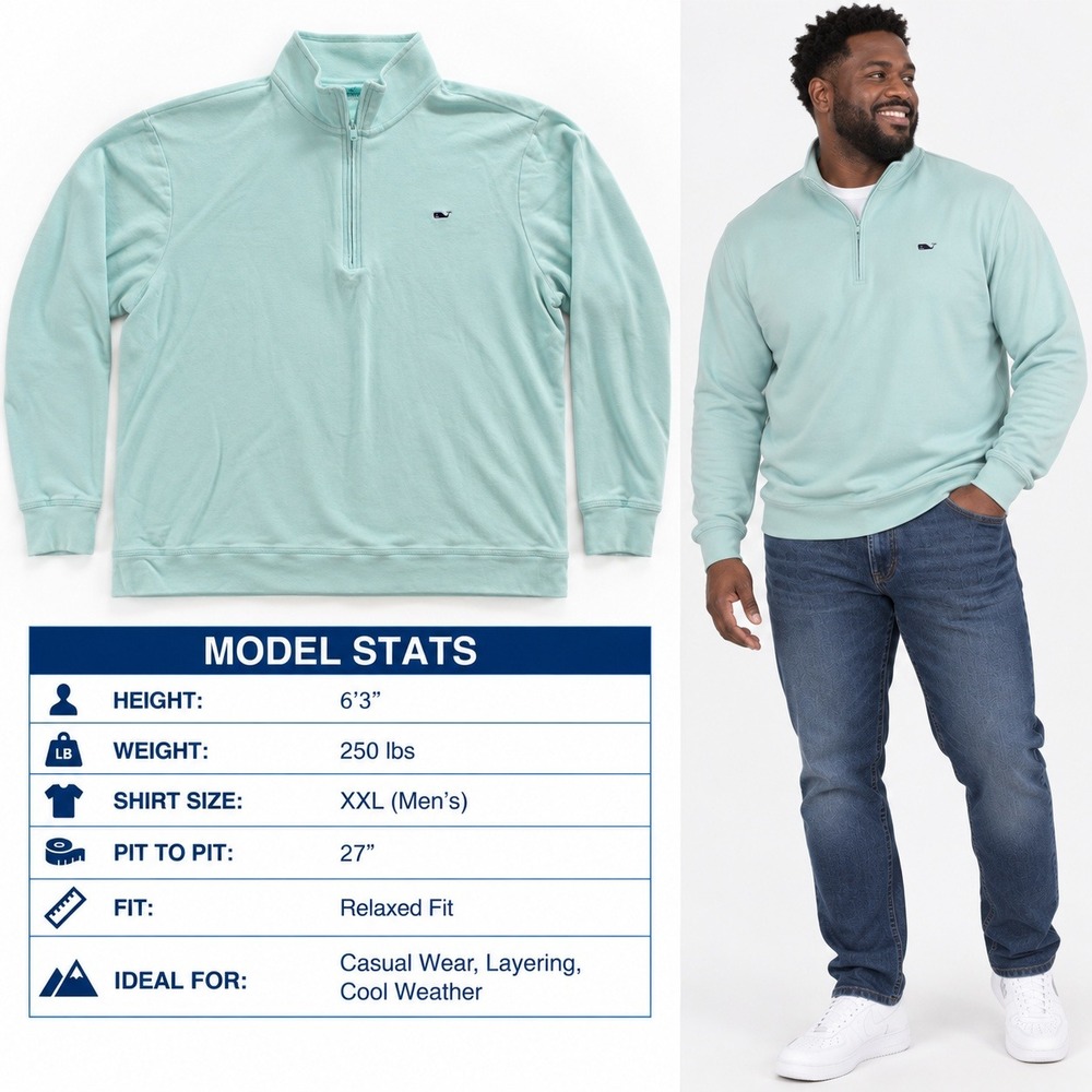 Vineyard Vines Mens XXL Mint Green 100% Cotton Pique Quarter Zip Pullover Whale